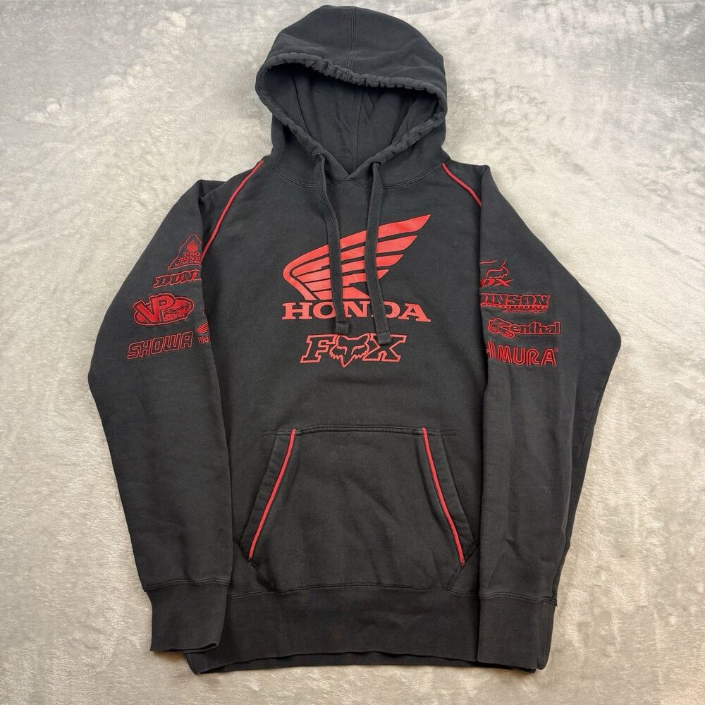 Honda Fox Racing Pullover Hoodie Black Red Embroidered Motocross Y2K Size M
